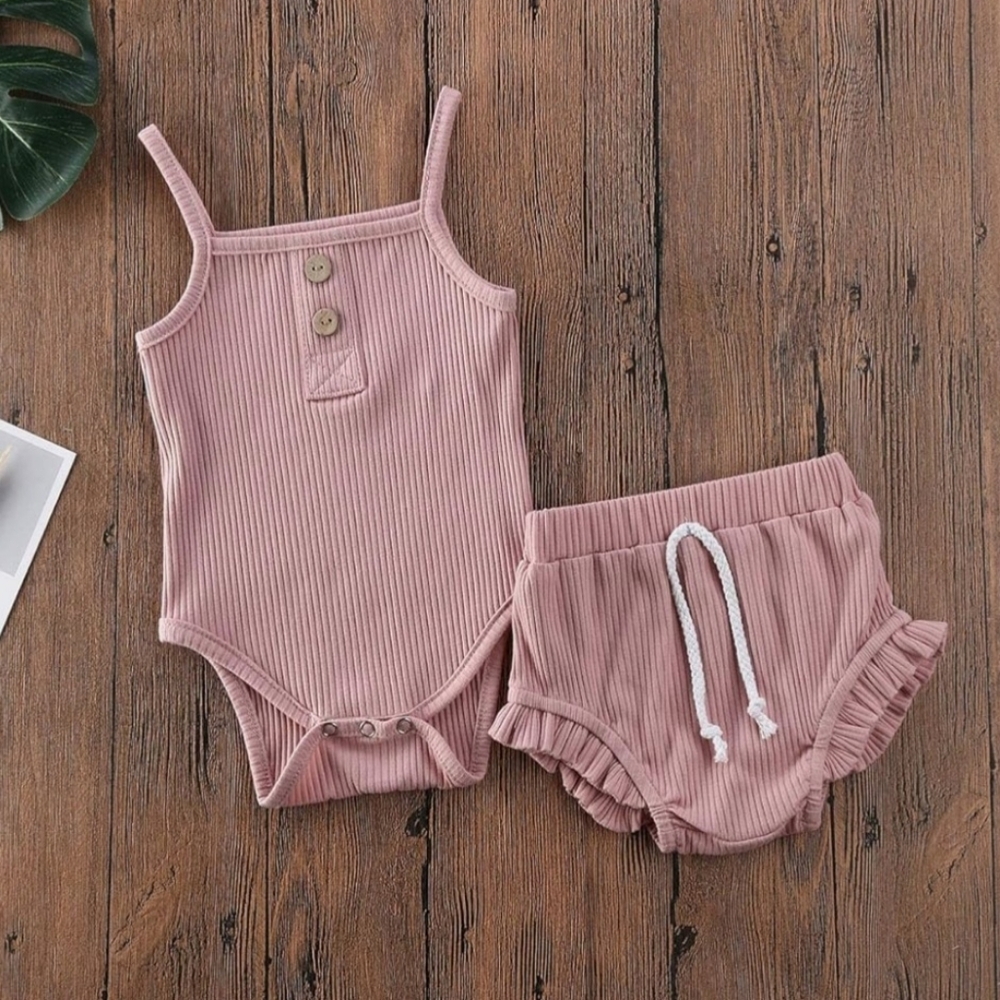 Baby Girl Ribbed 2Pc Set Dusty Pink Bodysuit Ruffle Bloomer Summer Outfit 9-12M